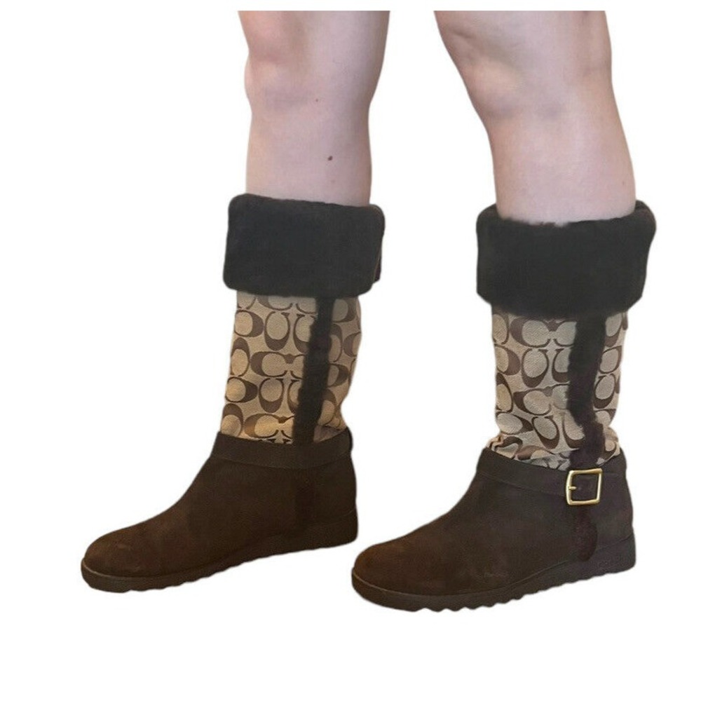 Coach "Deeann" Khaki Brown Signature Jacquard Suede Shearling Fur Winter Boots 7